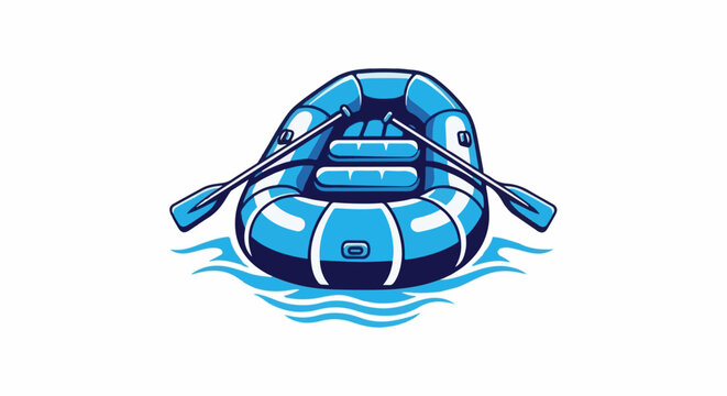 Blue inflatable raft with oars floating on stylized blue waves