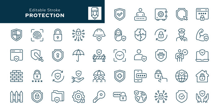 Protection. Set of outline icons. Security, shield, lock, guard, umbrella, alarm, code, password, fence, safe and more. Line icon in linear style. Vector collection	