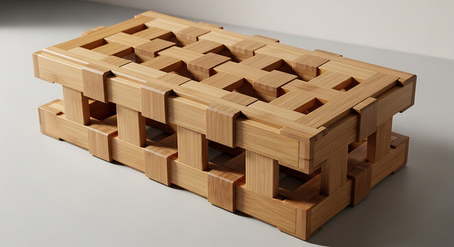 Architectural model made of interlocking bamboo wood blocks showing intricate joinery and modular construction techniques on white background for sustainable building and structural design concepts.