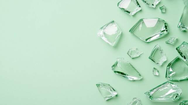 A collection of clear glass shards arranged in a scattered pattern against a light green background.