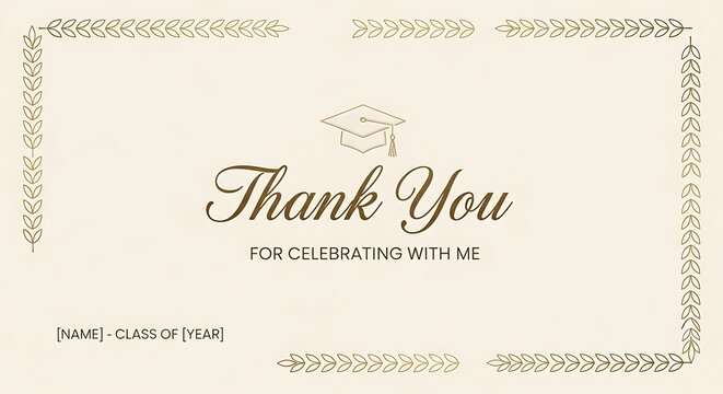 Thank you card template for graduation ceremony with golden leaf border and mortarboard cap icon