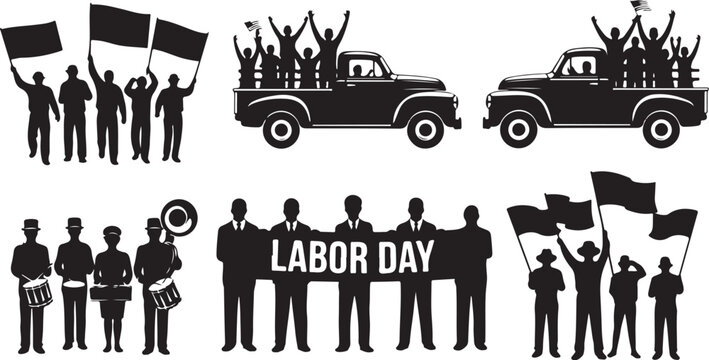Labor Day, holiday icons, black silhouettes, protest signs, truck demonstrations isolated on Transparent Background
