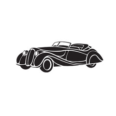 Obraz premium Vintage classic car vector illustration, black silhouette of an antique luxury convertible, retro automotive design element for logo or branding