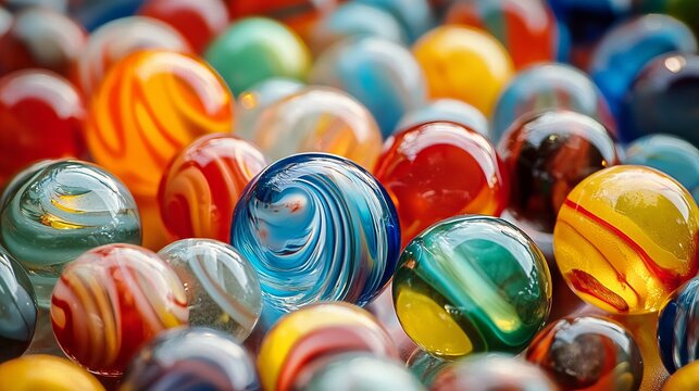 A colorful collection of glass marbles with vibrant swirls and patterns