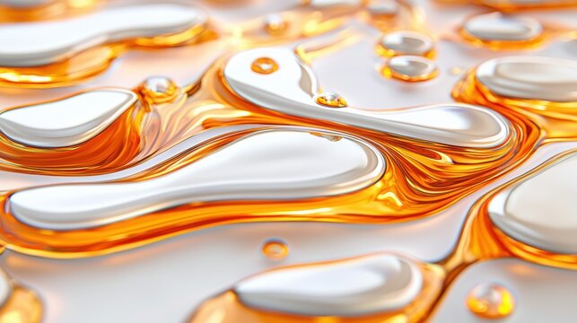 A close-up view of a shiny, orange liquid with white droplets, creating a visually appealing abstract pattern.