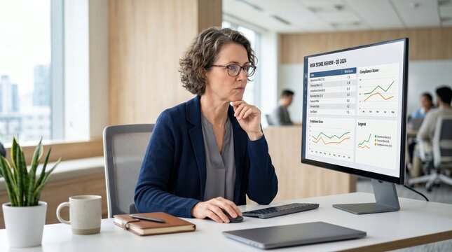 Mature female compliance officer reviewing risk score data on a computer screen in a corporate office