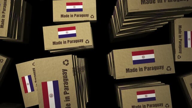 Made in Paraguay box production line. Paraguayan export import Cardboard pack factory. Abstract concept 3d loopable seamless.