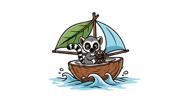 Cute lemur steers a coconut boat with leaf and fabric sails on waves