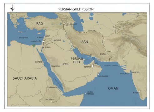Political map of the persian gulf region with countries and major cities