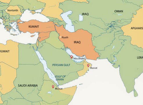 Political map of the middle east with labeled countries, cities, and bodies of water