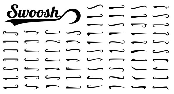 Vintage swoosh tails and typography underlines, black calligraphy swashes set, decorative script flourishes for logo design and sports branding