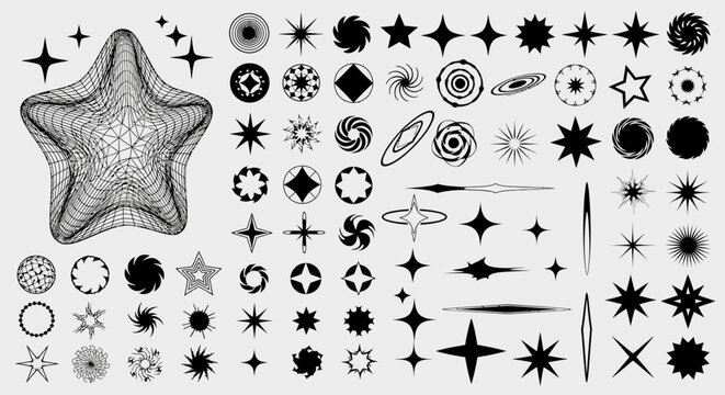 Retro futuristic star shapes and y2k brutalist icons, set of 70 black geometric vector elements, minimalist celestial sparkles and wireframe stars