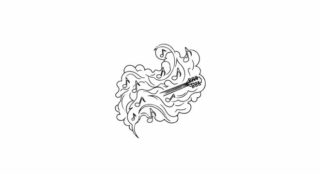 Swirling music notes and guitar elements in a loose, sketch-like style