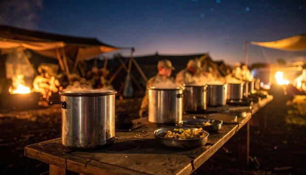 Military field kitchen staff preparing large hot meals for frontline troops under the night sky, featuring steaming stainless steel pots on wooden tables at a remote army base camp.
