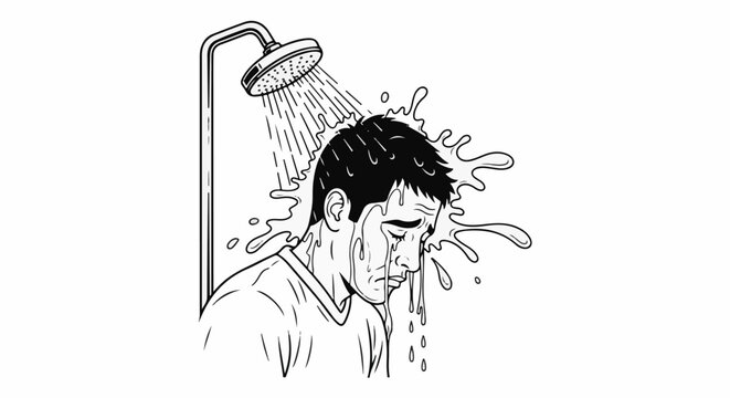 Black and white illustration of a man crying in the shower
