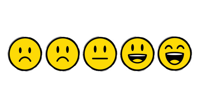 Yellow emoji face icons for customer feedback, set of 5 emoticons showing satisfaction levels, flat vector mood scale from sad to happy