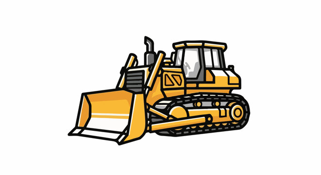 A bright yellow tractor with a large front blade and caterpillar tracks