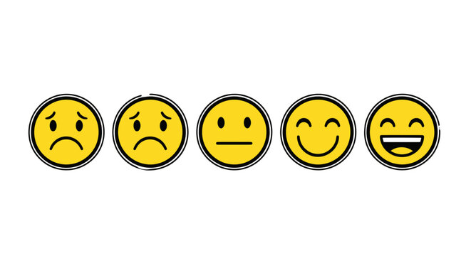 Yellow emoji feedback scale with five faces, customer satisfaction rating icons, emotional mood meter from sad to happy, vector survey emoticons