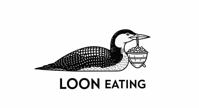 A loon with a bucket of berries in its beak, set against a white background