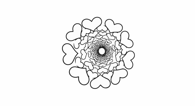 A radial pattern of hearts forms a swirling vortex-like design