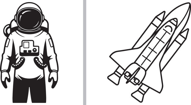 Minimalist astronaut and space shuttle vector icons isolated on white background