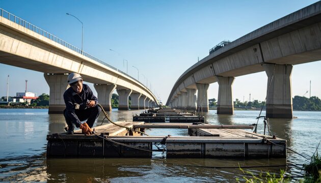Professional civil engineer inspecting a pontoon bridge structure to ensure stability and safety for heavy transport vehicles across a wide river channel during a daylight site survey.