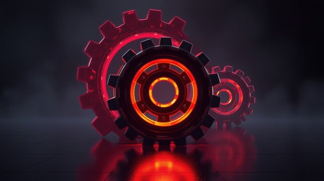 Red glowing gears dominate dark background. Reflections visible on polished floor. Futuristic, mechanical design.