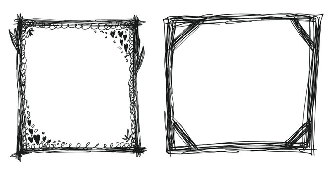 Doodle Chaotic Lines Frames and Border Boxes. Scribble messy lines frames. Hand drawn abstract sketch lines crayon frame boxes. Square Vector Shapes