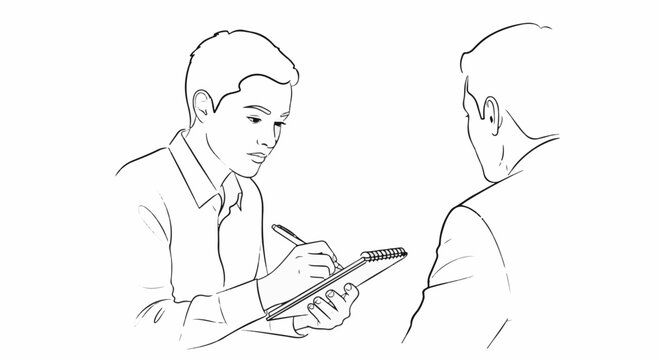 A man taking notes in a notebook while interviewing another man