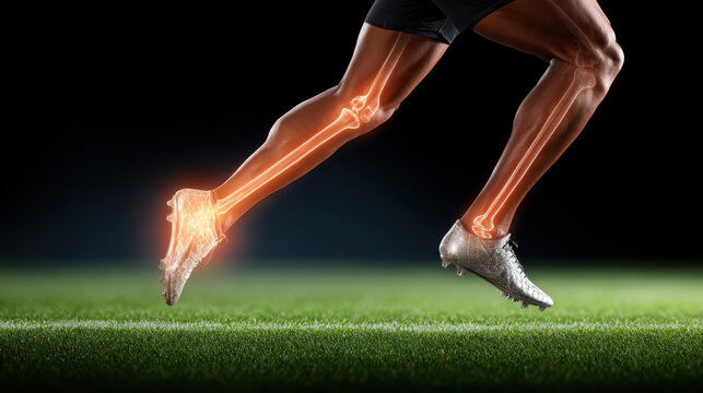 Running athlete leg with glowing bone structure and neural tracking effect on green grass field during american football game