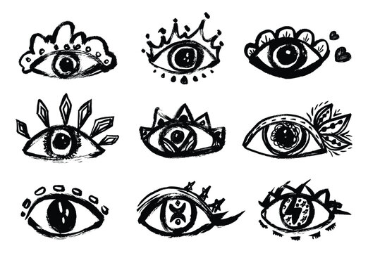 Grunge eyes collection. Brush stroke bold eye icon set. Vector doodle bizzare funky eyes set. Chalk and markers hand drawn on paper. Third eye boho mystical concept