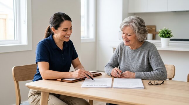Smiling senior woman and female social worker reviewing home care plan documents at table