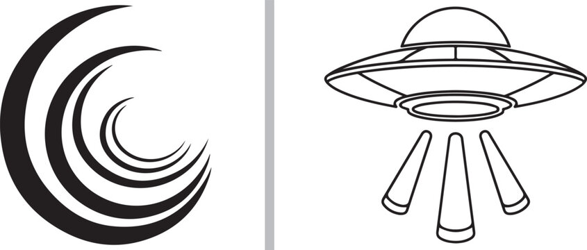 Abstract wave logo element and UFO flying saucer line art illustration isolated on white background