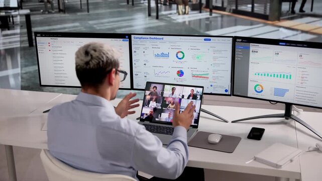 Compliance Office In Video Call With Compliance And GRC Apps Open