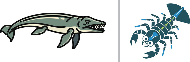 Prehistoric marine reptile mosasaur and sea scorpion eurypterid vector illustration isolated on white background © Muhammad