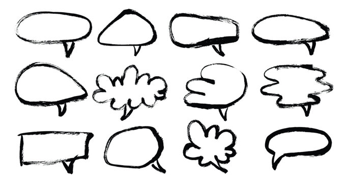 Outline grunge brush speech bubbles set. Hand drawn brush stroke text frames and communication boxes. Doodle bold paintbrush vector dialog bubbles