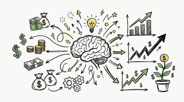 Conceptual hand drawn illustration of human brain generating financial growth and business ideas.