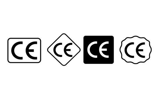 CE mark certification symbols set, European conformity logo collection in black and white, industrial safety standard icons for product packaging