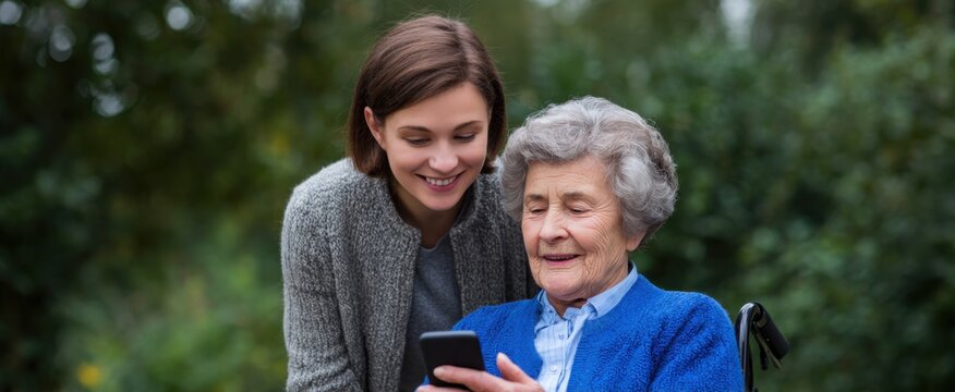 Caring caregiver assists joyful elderly woman in wheelchair using smartphone in a sunny outdoor setting.