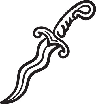 Wavy kris dagger with ornate hilt and decorative handle line drawing.