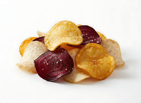 A small pile of mixed vegetable chips (potato, beetroot, taro), isolated on a white background