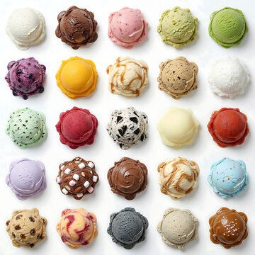 Top-down view of 25 different colorful ice cream scoops arranged in a 5x5 grid on an isolated white background