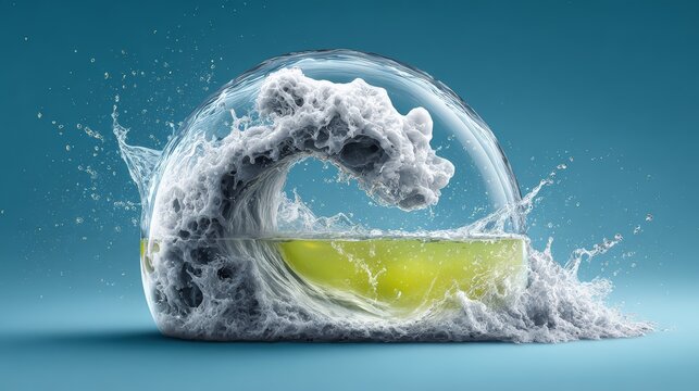 A creative splash of liquid in a glass with wave-like motion.