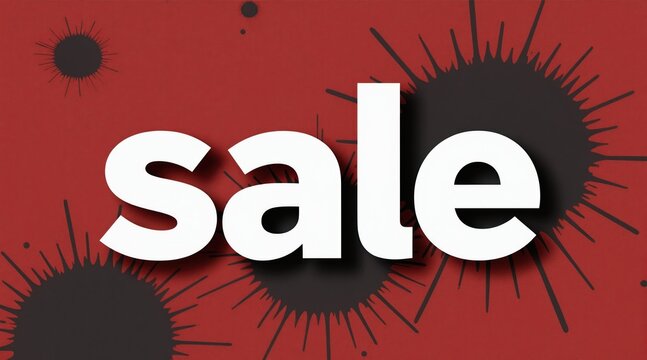 Bold white word sale centered on vibrant red background with abstract ink splatters. Dynamic graphic highlights discount event for shoppers and businesses promoting special deals and offers.
