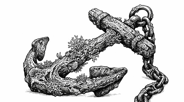 Detailed Illustration of a Barnacle-Covered Shipwreck Anchor and Chain
