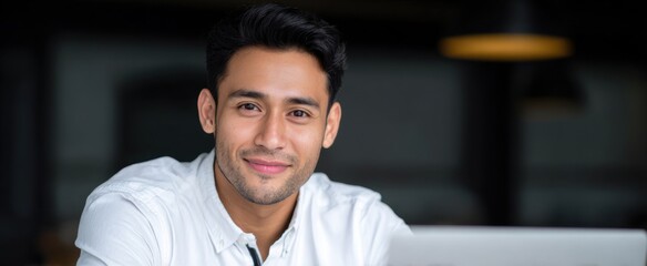 Fototapeta premium Young Hispanic male intern in a white shirt smiles at the camera while using a laptop.