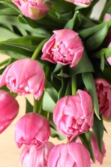 Obraz premium Beautiful pink tulips, close-up, vertical view