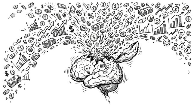 Sketch of human brain exploding with business and financial ideas.