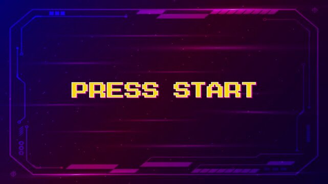 PRESS START. insert coin to continue. pixel art 8-bit. Retro Futurism Sci-Fi Background. glowing neon grid and stars from vintage arcade computer games