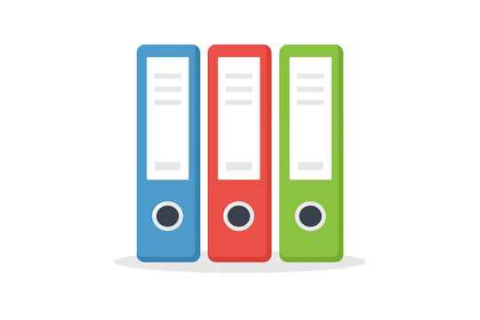 Set of three colorful archive folders or ring binders in blue, red, and green for document storage and office organization. Flat vector illustration isolated on white background for business.